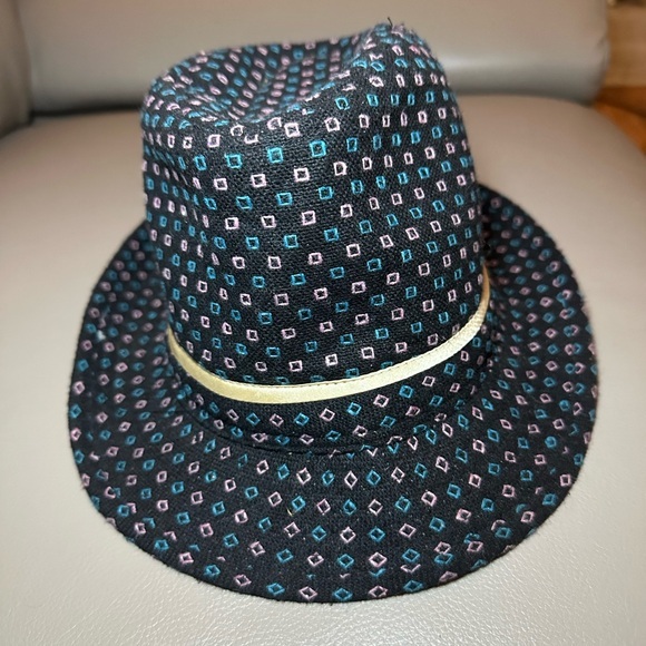 Fedora with Gold Metallic Band in Black with Pink and Teal Squares - 7-7 1/8 - Picture 1 of 6